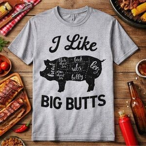 Men’s BBQ Grill Master I Like Pig Butts Crew Neck Tee Shirt Gray Size XS